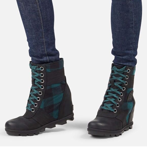 SOREL | Lexie Green Black Buffalo Plaid Wedge Leather Lace Up Boots A8 - Picture 1 of 12